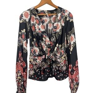 Free People Women's Size XS Run Free Floral Blouse‎ Button Tie Front